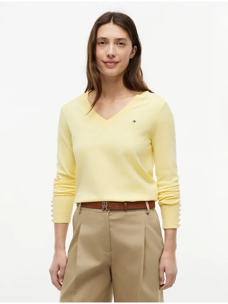 Свитер V-образный вырез, с пуговицами на манжетах TOMMY HILFIGER, Lemon