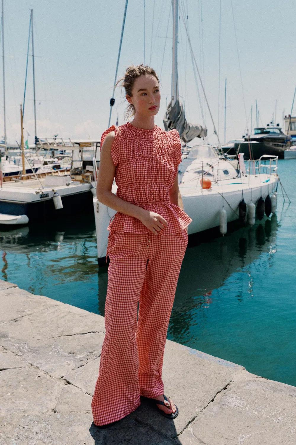Топ в клетку со сборками ZARA, White/Red
