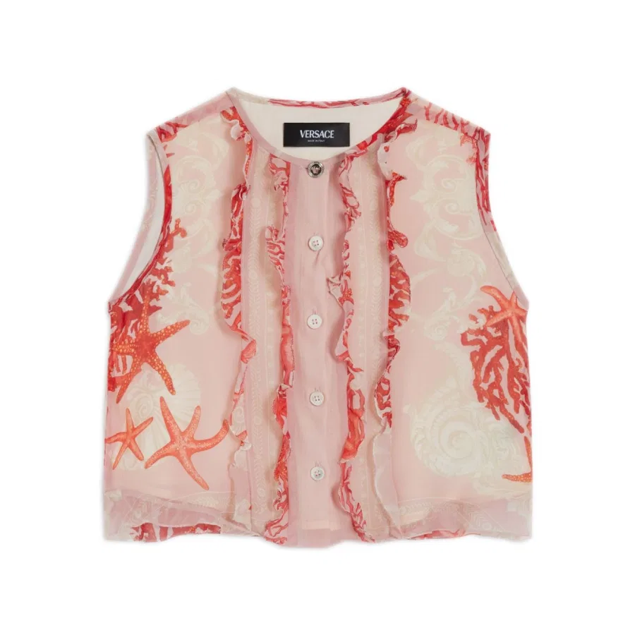 Блузка без рукавов с принтом Medusa Head Kids Medusa Head-Motif Round Neck Silk Shirt Young Versace, Dusty Rose/Coral/Ivory