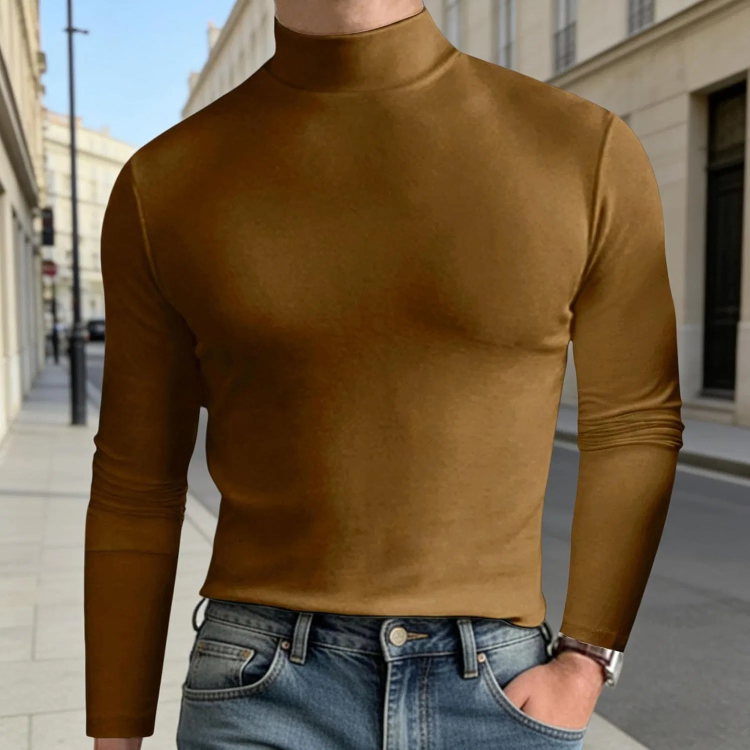 Мужская водолазка slim fit Mock Neck Top, Brown — фото 3