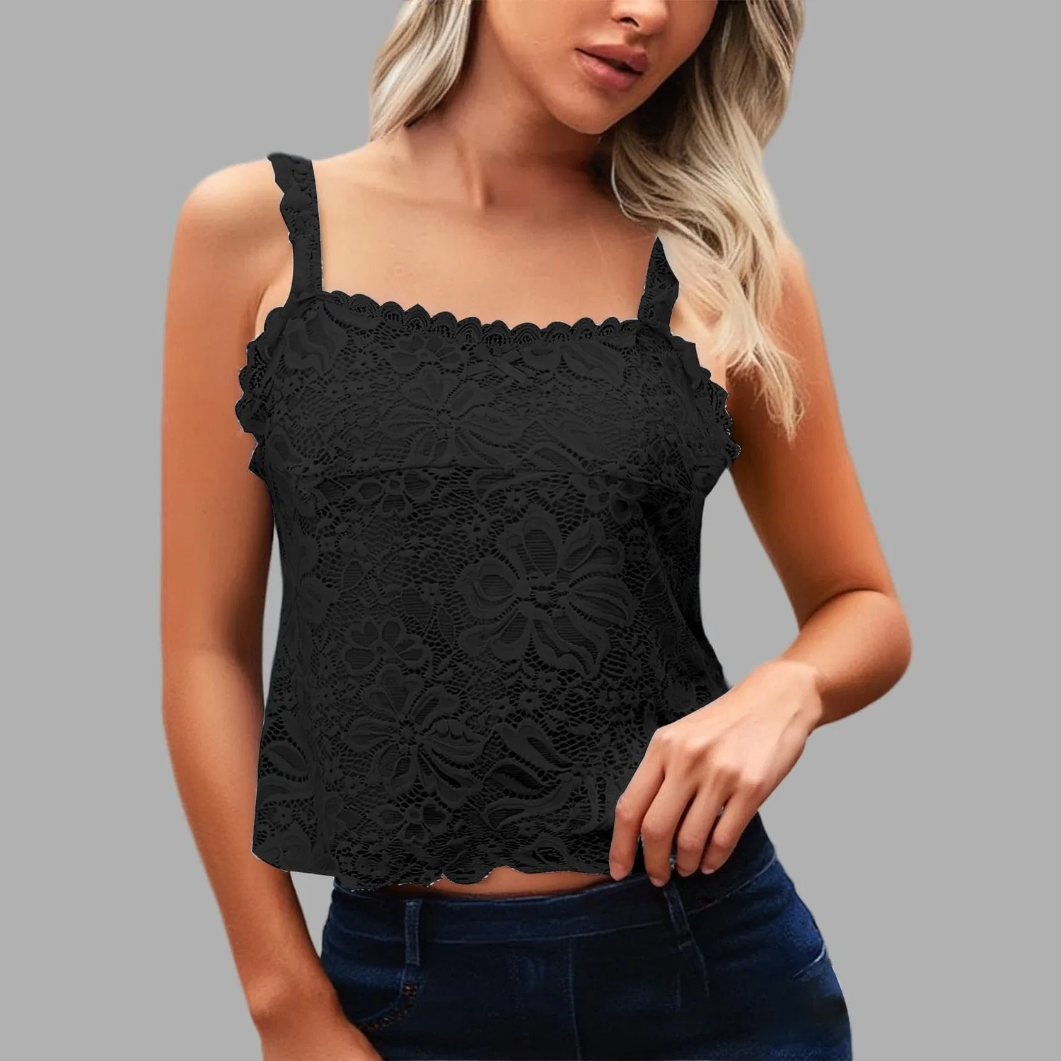 Женская майка с кружевом и тонкими бретелями с бантом, модель Elegante Blusa con Spalline Sottili e Fiocco, Nero — фото 2