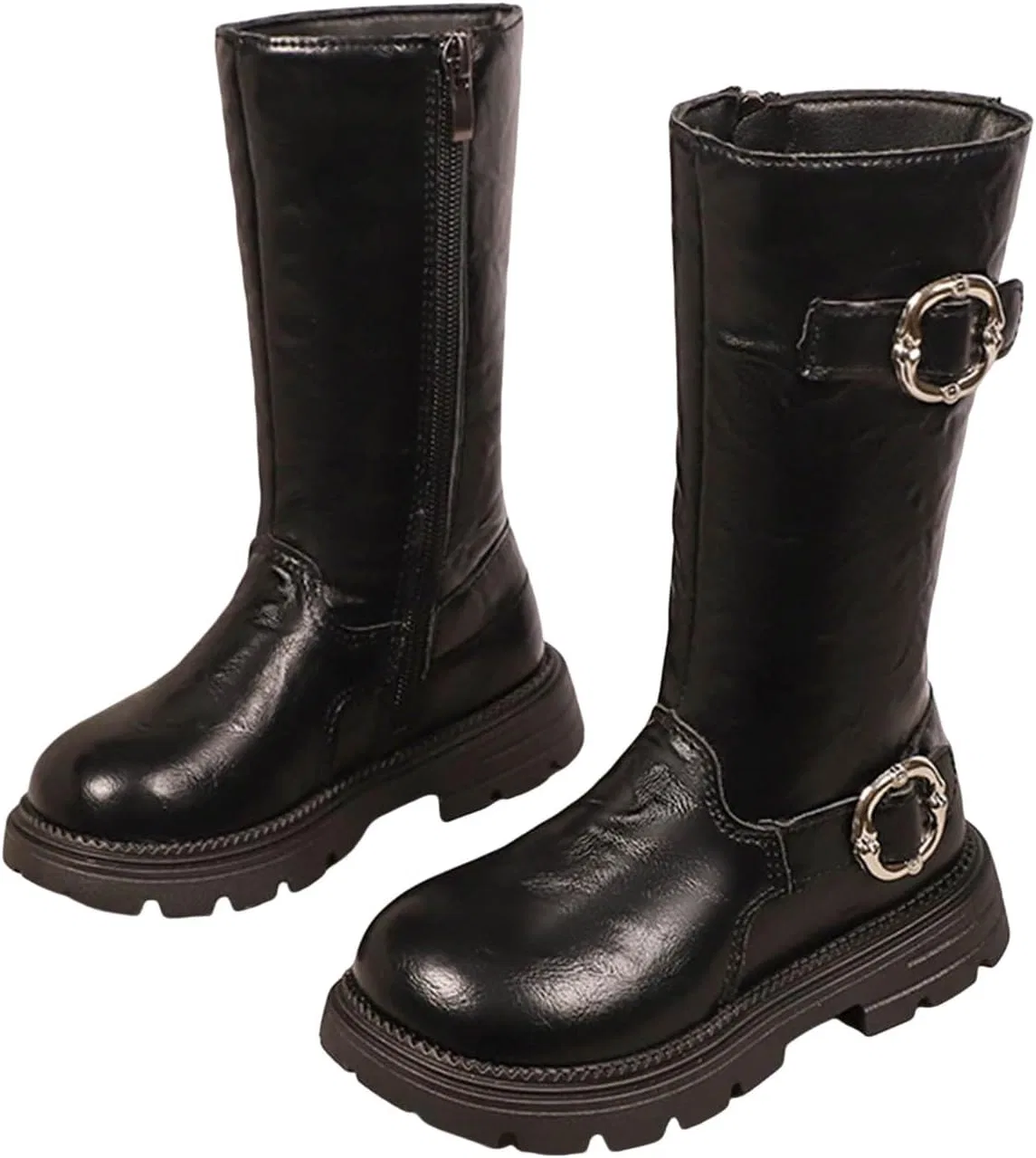 Детские ботинки для девочек с молнией и пряжками, модель Retro Biker Riding Boots, Black — фото 4