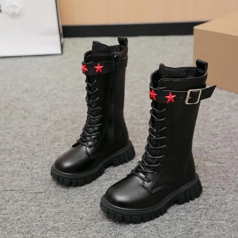 Детские ботинки для девочек с принтом, модель Girls White Combat Boots, Black Stars — фото 3