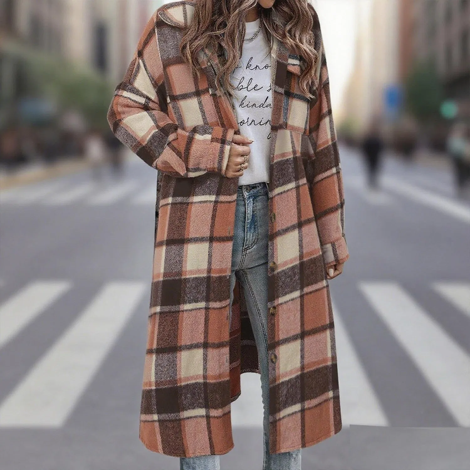 Женская рубашка-куртка с принтом в клетку Oversized Plaid Shacket, Orange — фото 2