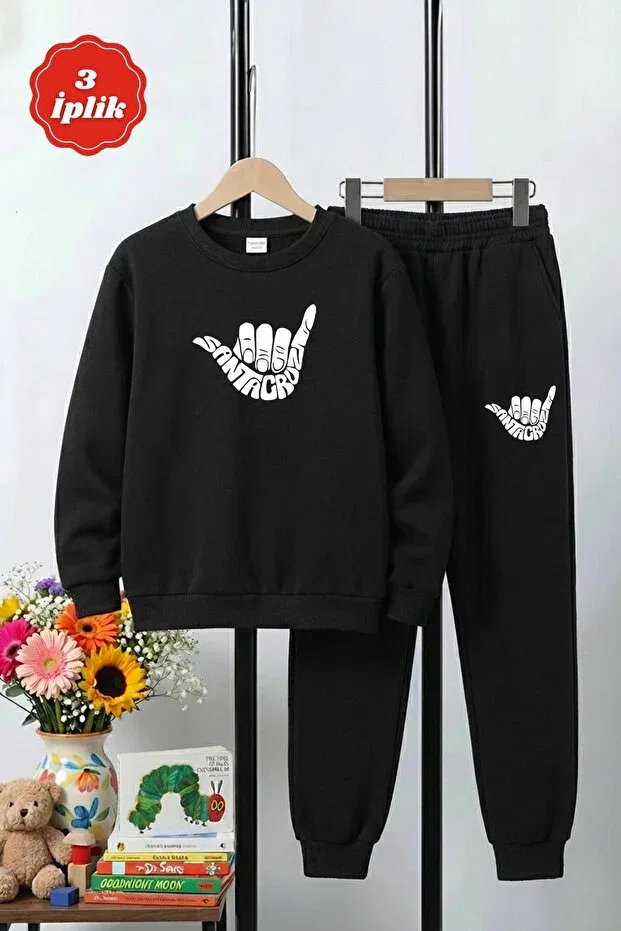 Детский комплект спортивного костюма для мальчиков с принтом 3 thread thick sh fleece-lined crew neck print detailed 6 piece boys tracksuit set Ya Ko Kids, Black-Blue-Grey — фото 2