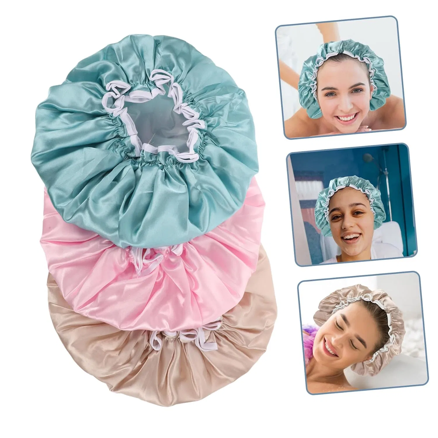 Двойная водонепроницаемая шапочка для душа Satin/PE, TOPPERFUN, 3 шт, 31x31x1 см — фото 3