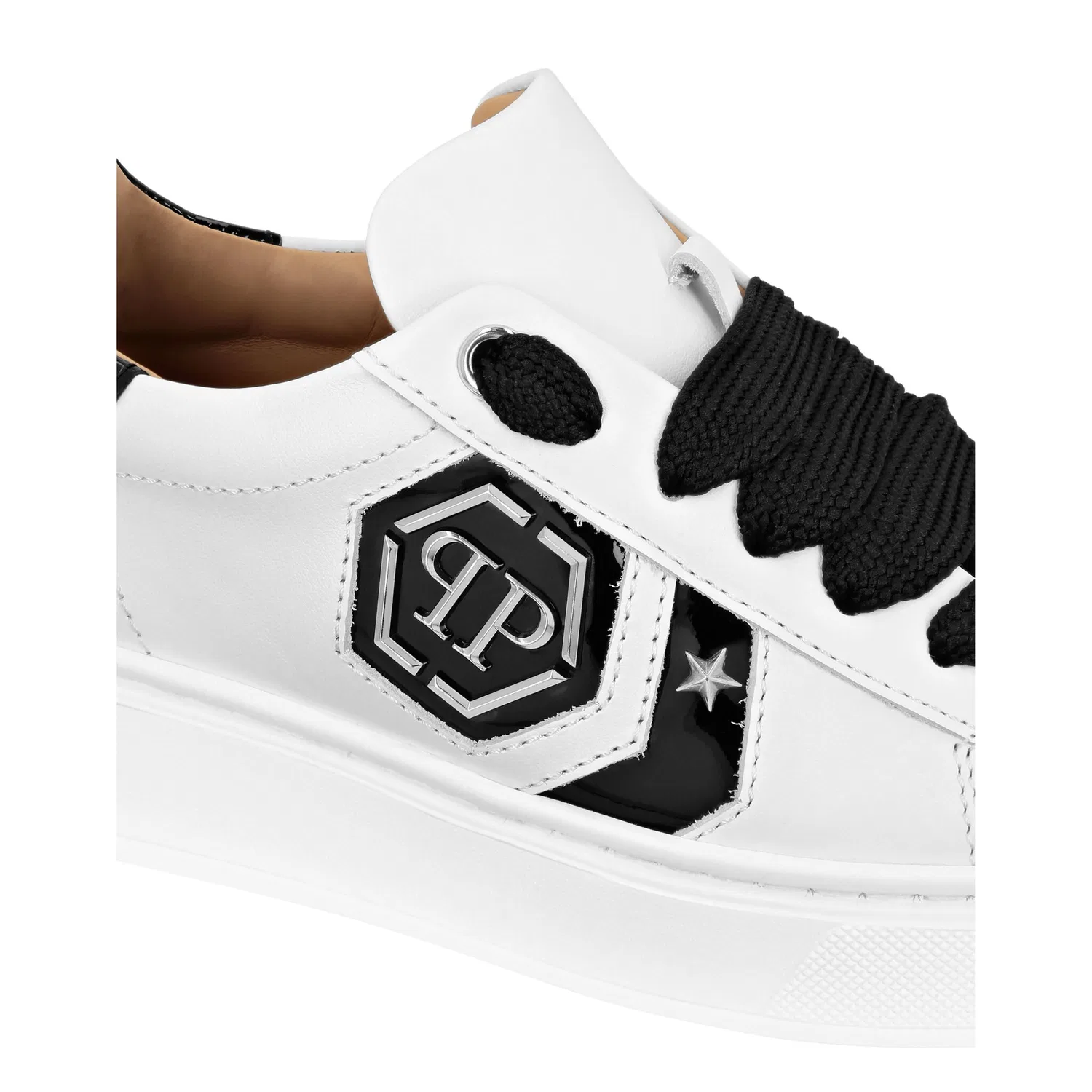 Детские кожаные кроссовки с шестиугольным логотипом PHILIPP PLEIN, White/Black — фото 2