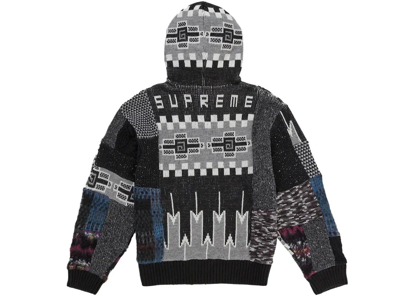Мужской свитер с принтом Supreme Patchwork Zip Up Hooded Sweater, Black — фото 2
