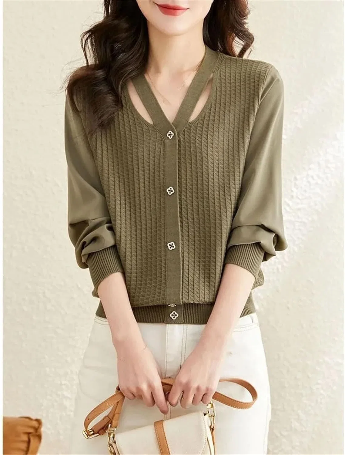 Женский кардиган с V-образным вырезом, с длинным рукавом, модель Retro Versatile, Matcha Green — фото 2