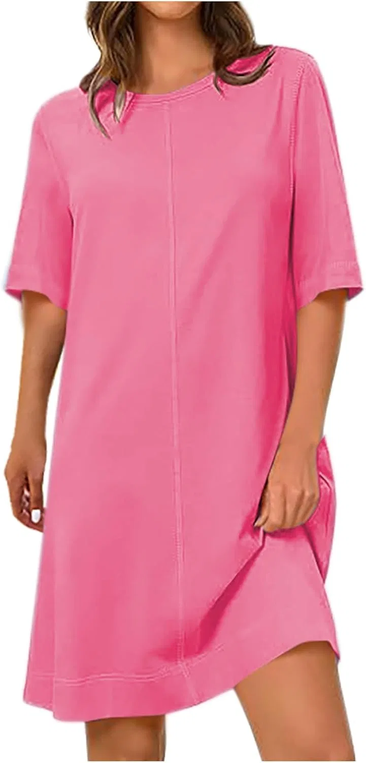 Женское повседневное платье-футболка свободного кроя с круглым вырезом, Hot Pink