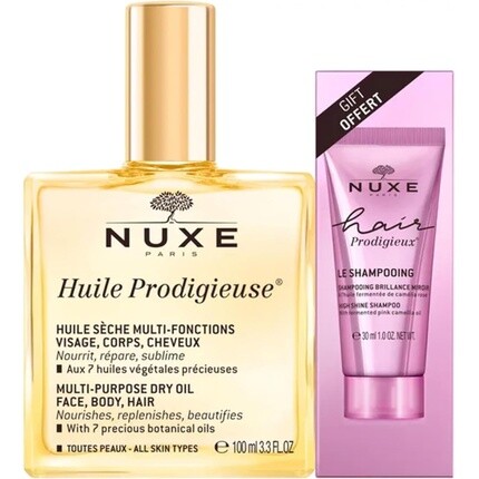 

Nuxe Huile Prodigieuse 100 мл с шампунем для волос Prodigieux Le Brilliance Mirror 30 мл