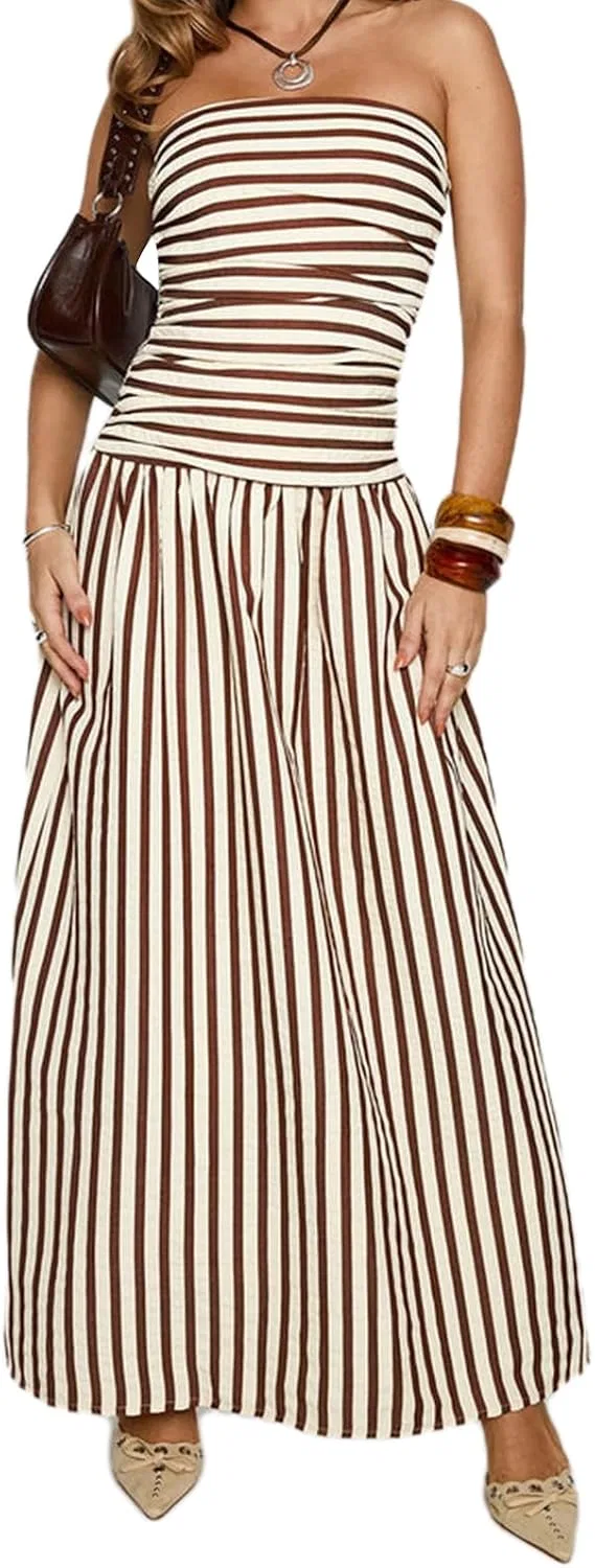 Женское летнее платье-макси без бретелек с драпировкой, Brown Striped