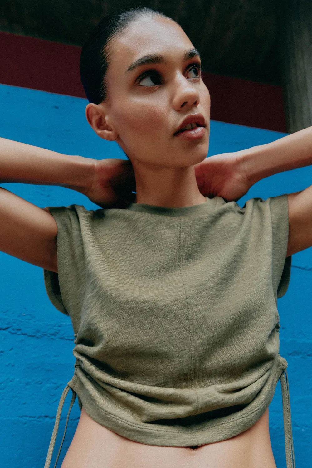Футболка в деревенском стиле со сборками ZARA, Khaki — фото 3