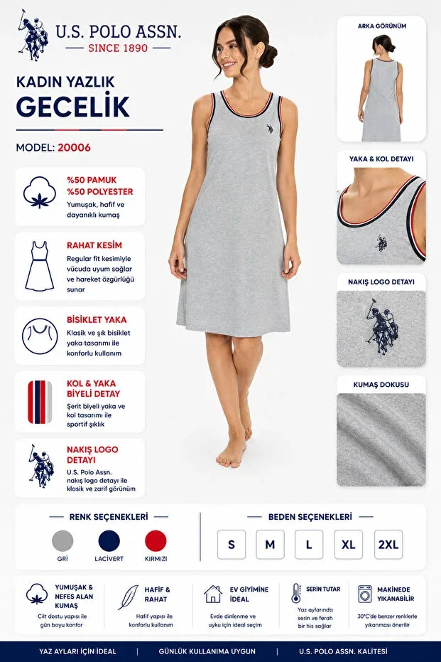 Женская ночная рубашка на бретелях U.S. Polo Assn., Gray Melange