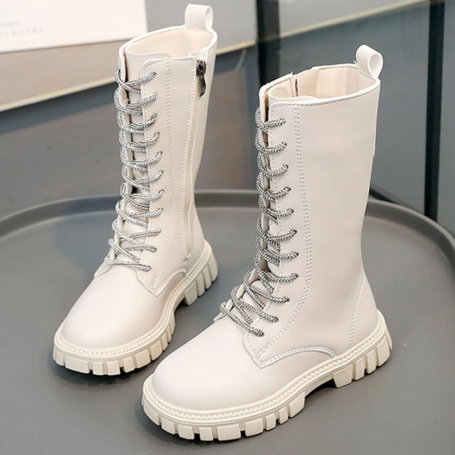 Детские ботинки для девочек с принтом Mid Calf Combat Boots NTYHDFDG, White — фото 2