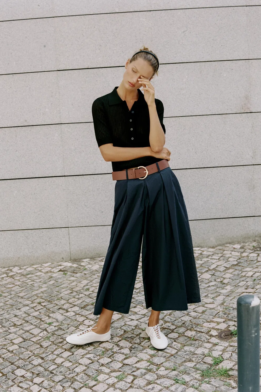 Брюки-кюлоты с поясом ZARA, Navy blue