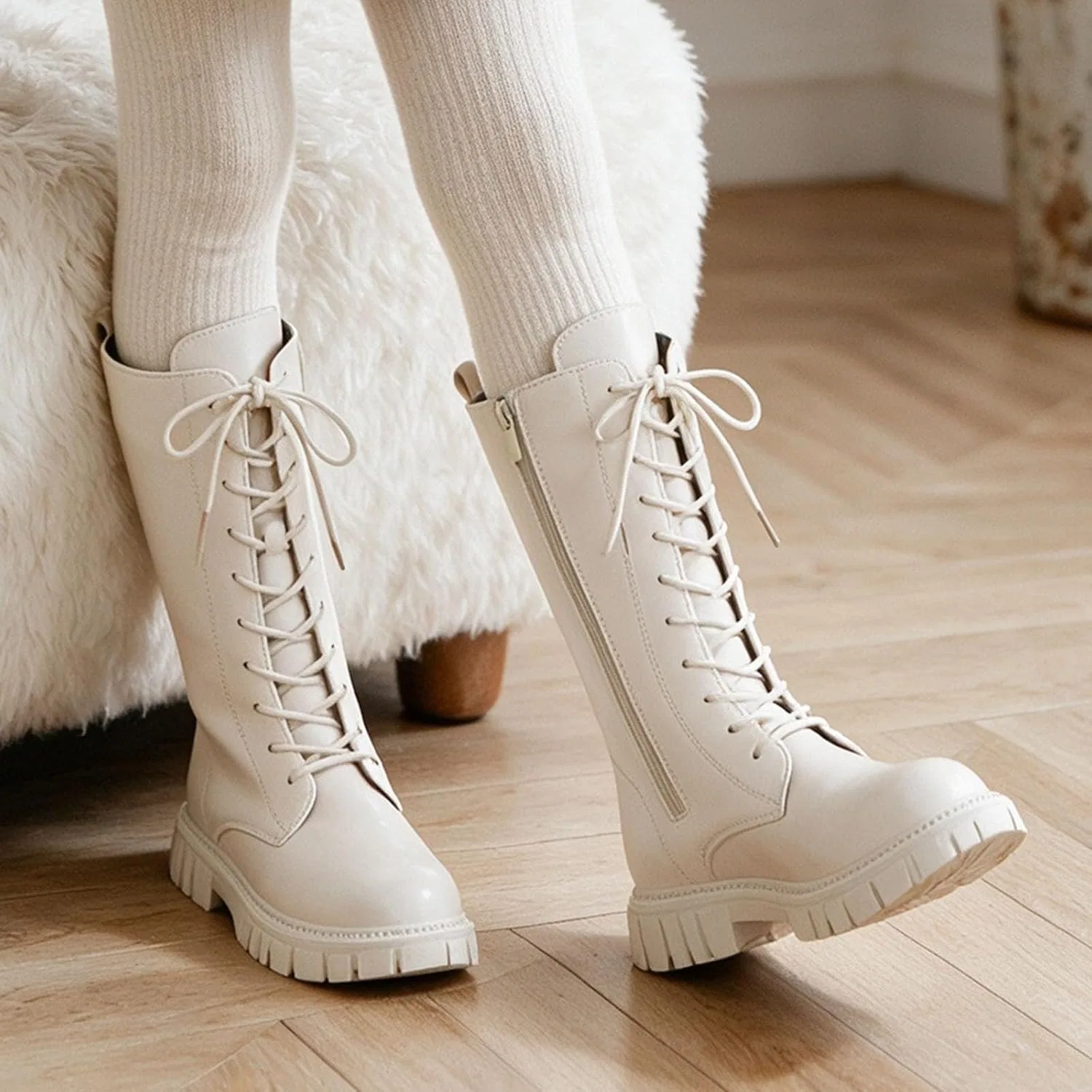 Детские ботинки для девочек на шнуровке с принтом Combat Boots Cephalyxion, White — фото 4