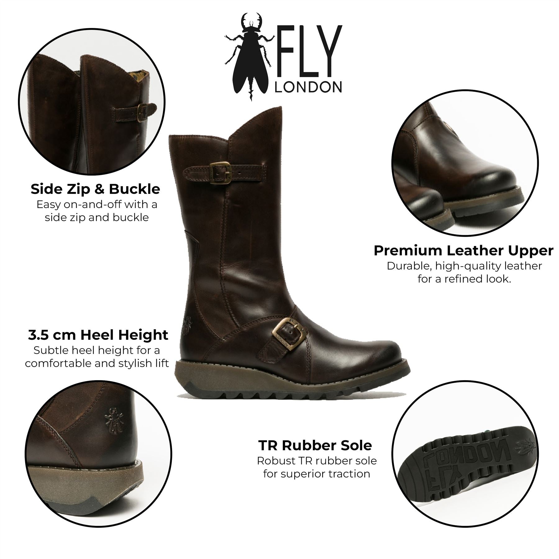 Fly London женские коричневые ботинки MES 2 на платформе с клиновидным каблуком, пряжкой и молнией до середины икры — фото 2