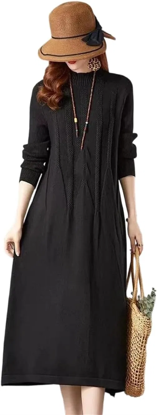 Женское полуводолазка свободное вязаное платье, Black