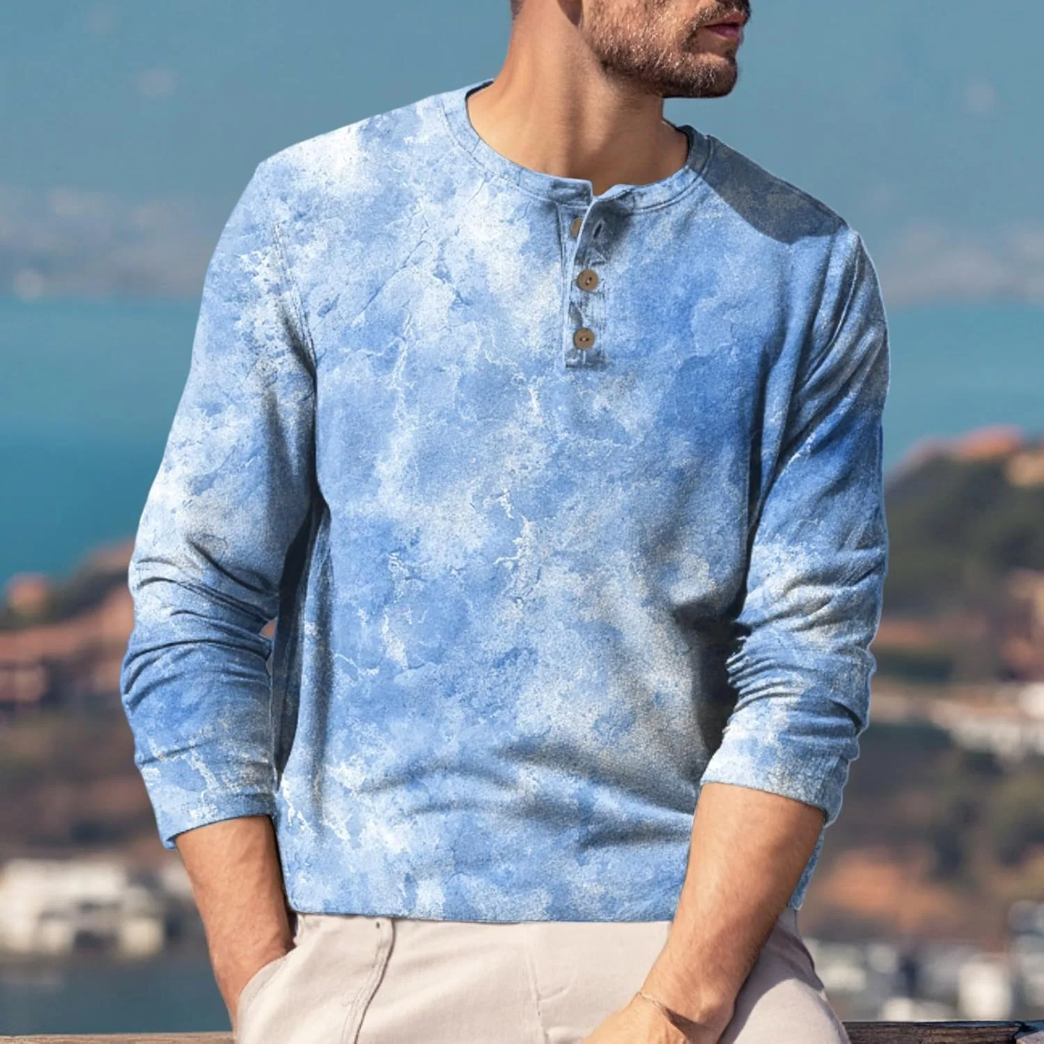 Мужская футболка с длинным рукавом Henley Regular Fit, Light Blue — фото 2