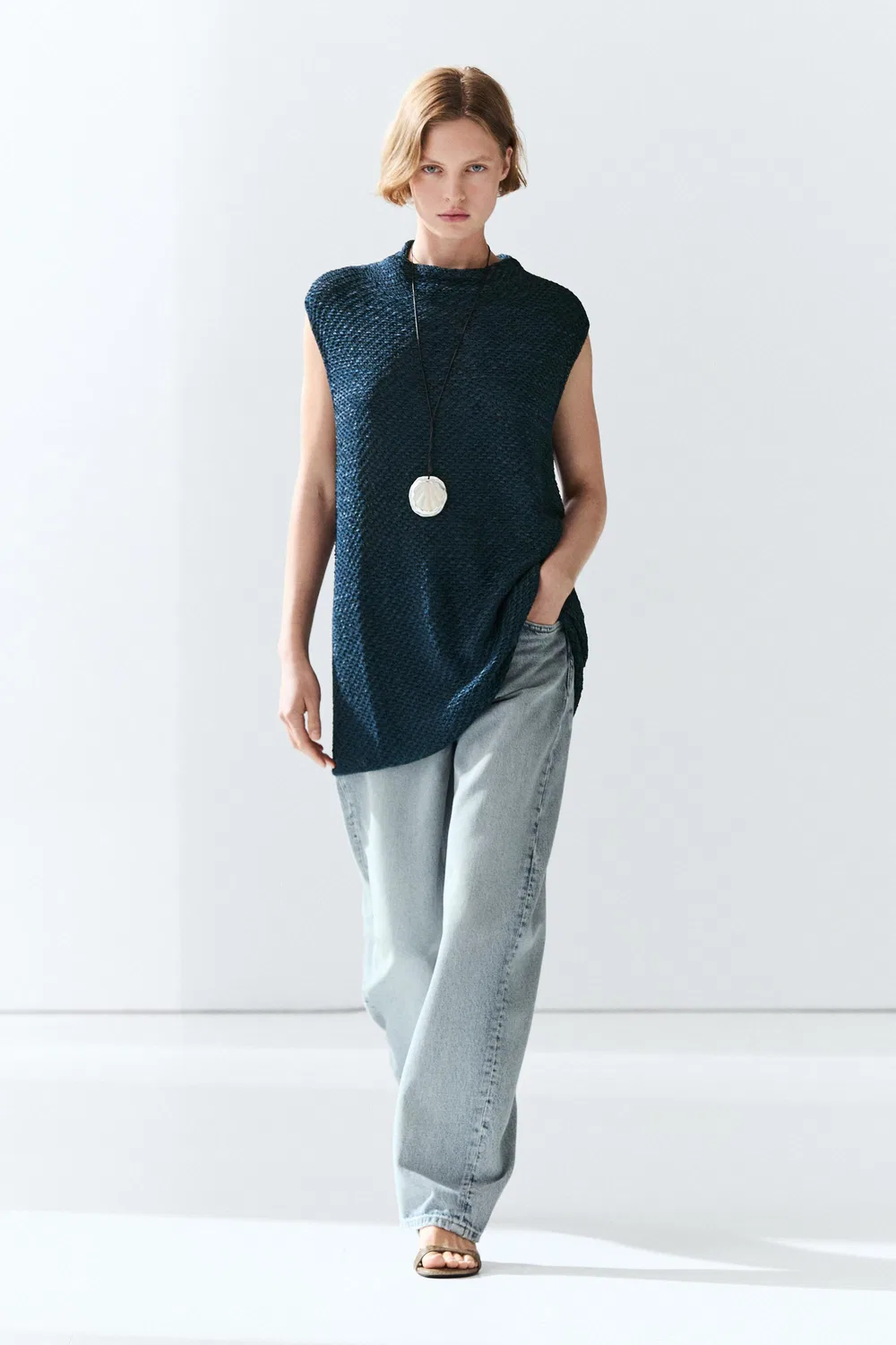 Топ Massimo Dutti Cotton Blend Roll Neck , темно-синий — фото 3