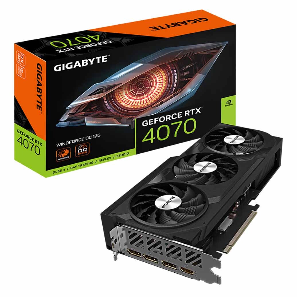 

Видеокарта Gigabyte GeForce RTX 4070 Windforce OC 12ГБ, GV-N4070WF3OC-12GD, черный