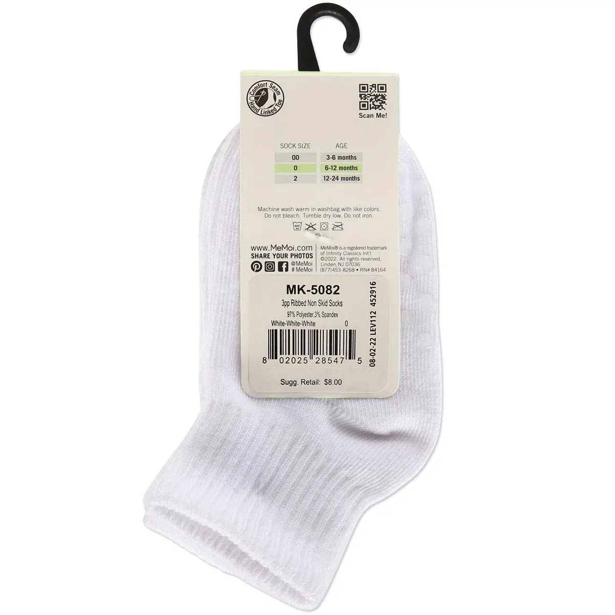 Детские носки для малышей ребристые нескользящие 3 пары Memoi LEGWEAR, White-White-White — фото 3