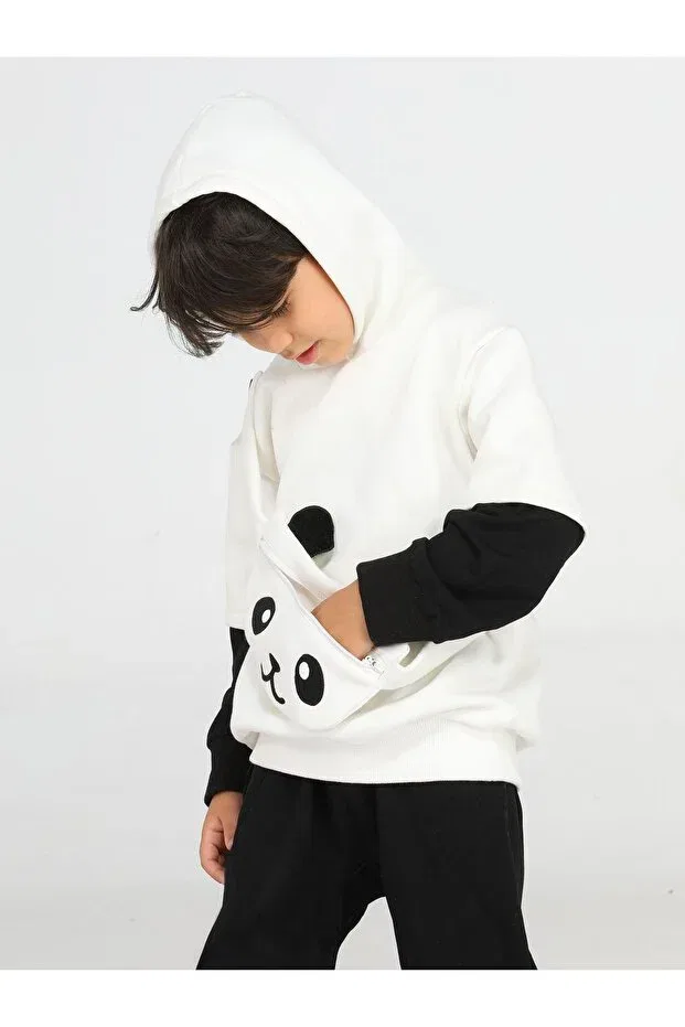 Детское худи для мальчиков с принтом Panda Unisex Cream Sweatshirt With Mobile Bag Casabony, Nude Color — фото 2
