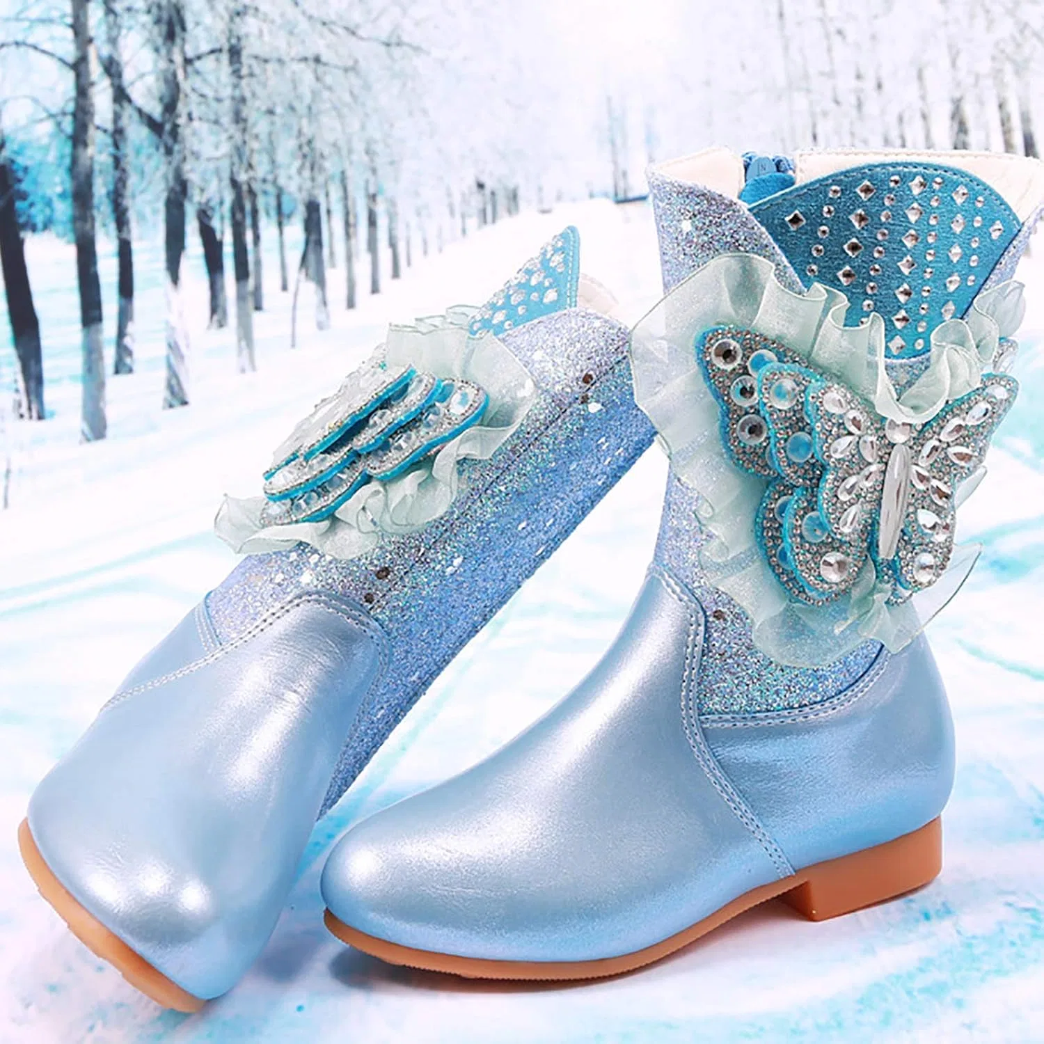 Детские зимние сапоги для девочек с мехом и стразами Sparkle Rhinestone Lace Butterfly Auhoho, Blue — фото 3