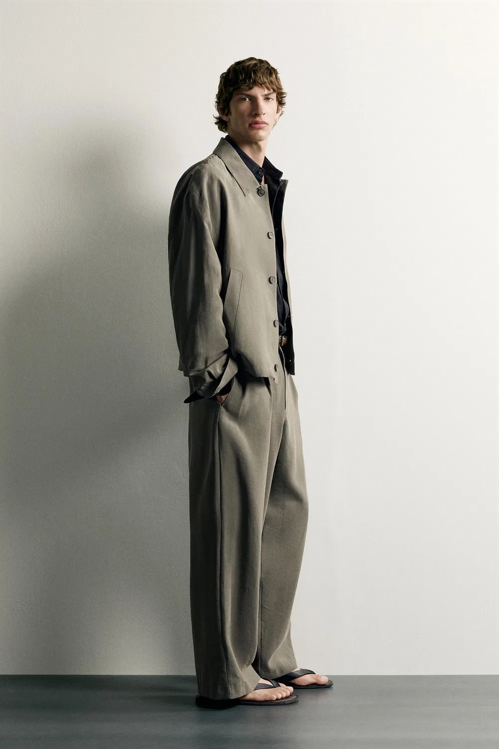 Рубашка свободного кроя ZARA, ecru/khaki — фото 4