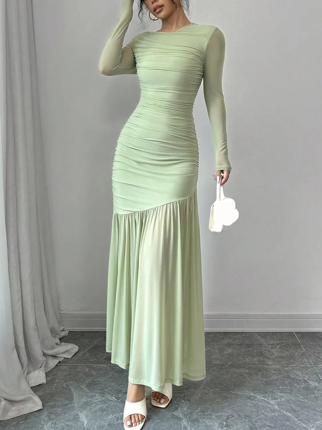 Женское элегантное длинное платье миди с воротником-стойкой, Mint Green — фото 3