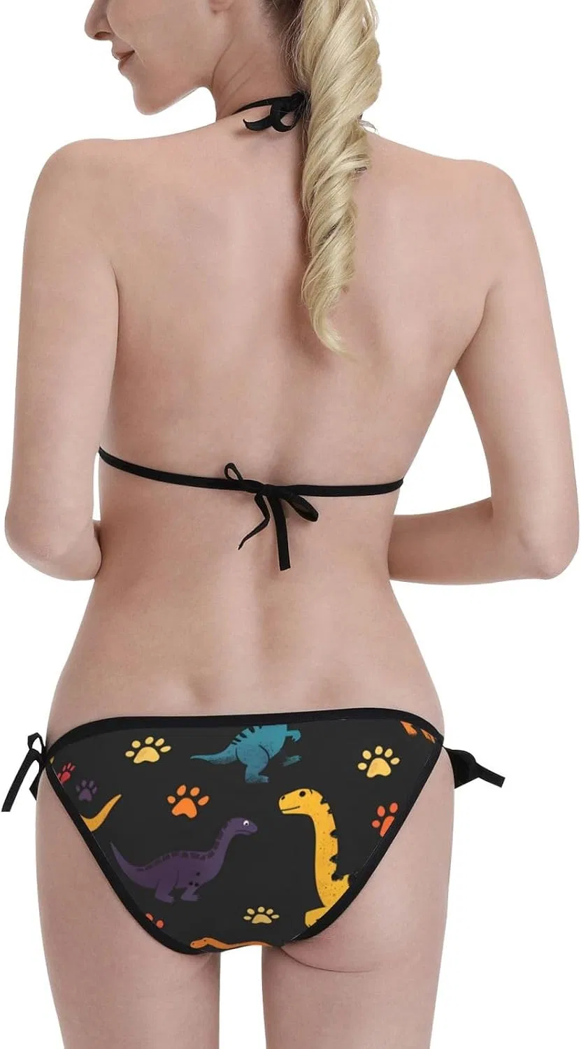 Женский бикини-сет с принтом грибов, Halter Triangle Tie Side Bikini Set, Dinosaur 7 — фото 2