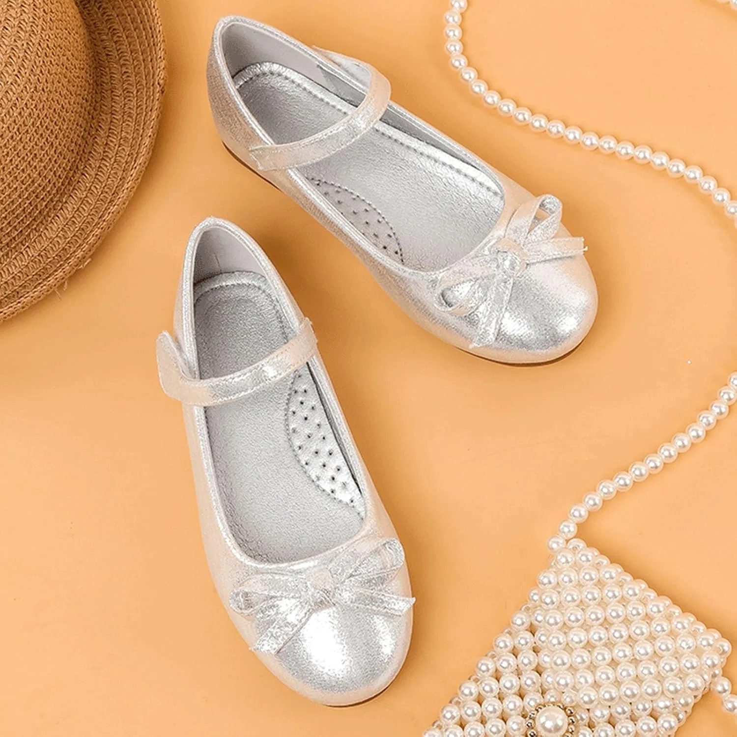 Детские балетки для девочек с бантом и стразами Mary Jane Flat Dress Shoes Party, Silver — фото 4