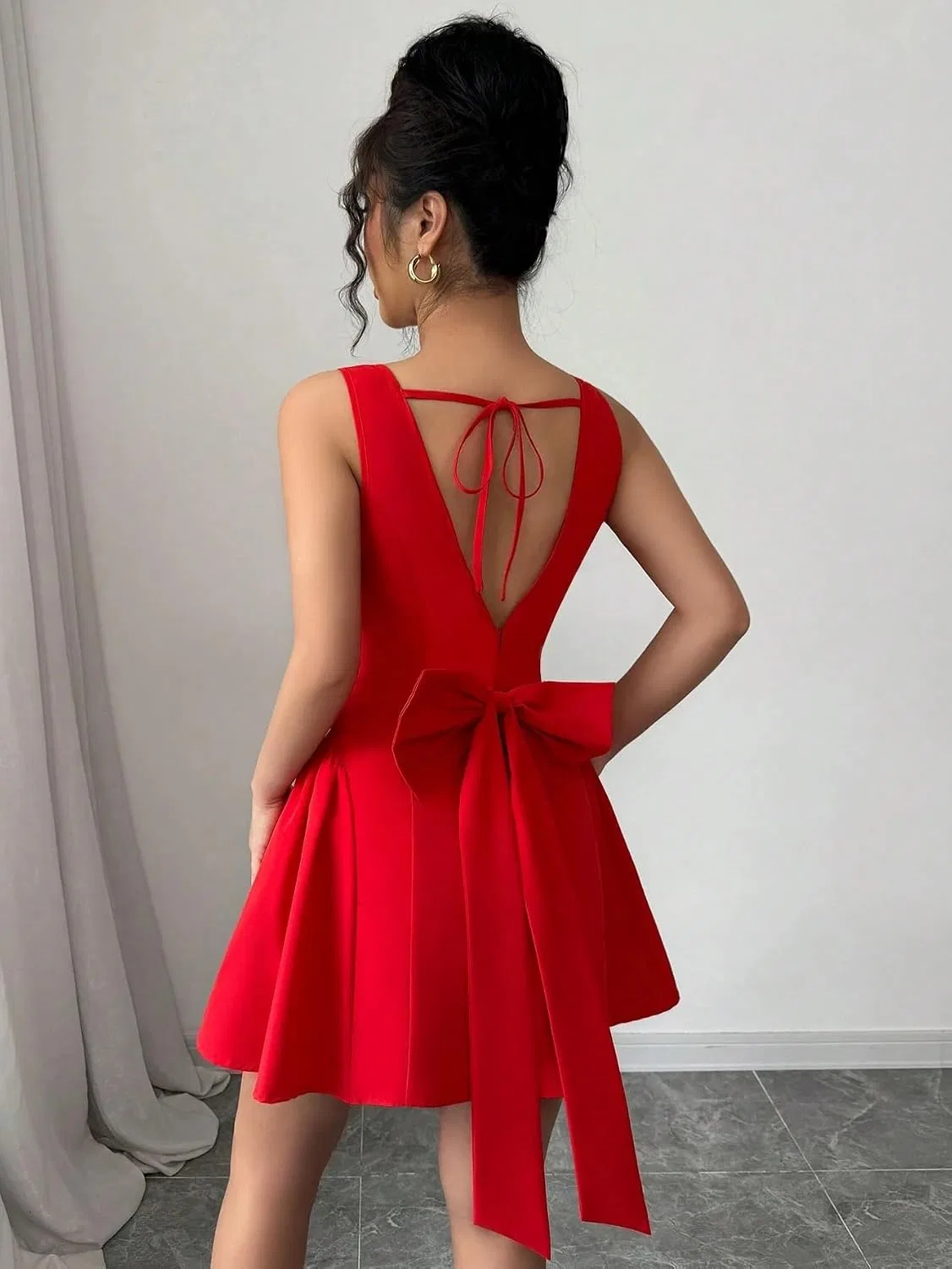 Женское повседневное платье с квадратным вырезом A-силуэта, Red — фото 4