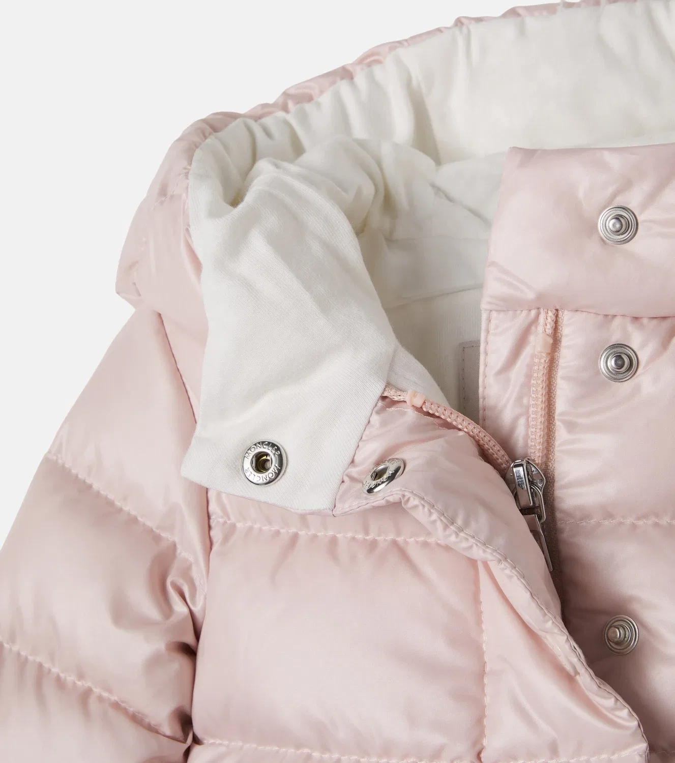 Детский пуховик с капюшоном и оборками Moncler Enfant, розовый — фото 4