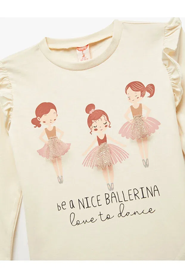 Детская футболка с принтом Ballerina print long sleeve crew neck cotton t-shirt Koton, Ecru — фото 3