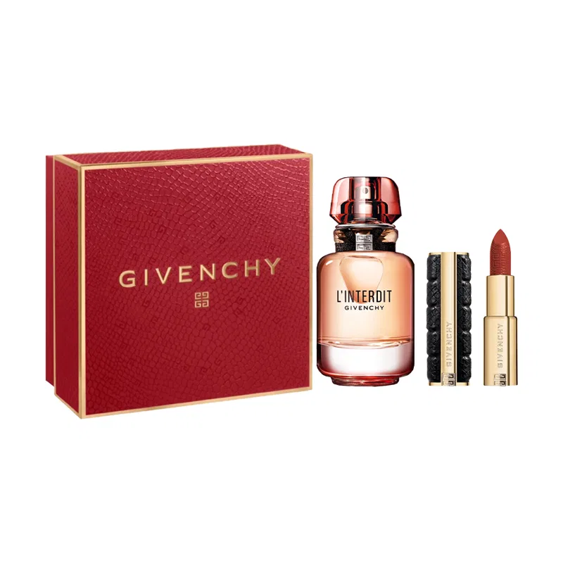Женский подарочный набор парфюма и помады Givenchy, модель Unrestrained Perfume и Premium Forbidden Lipstick, Красный