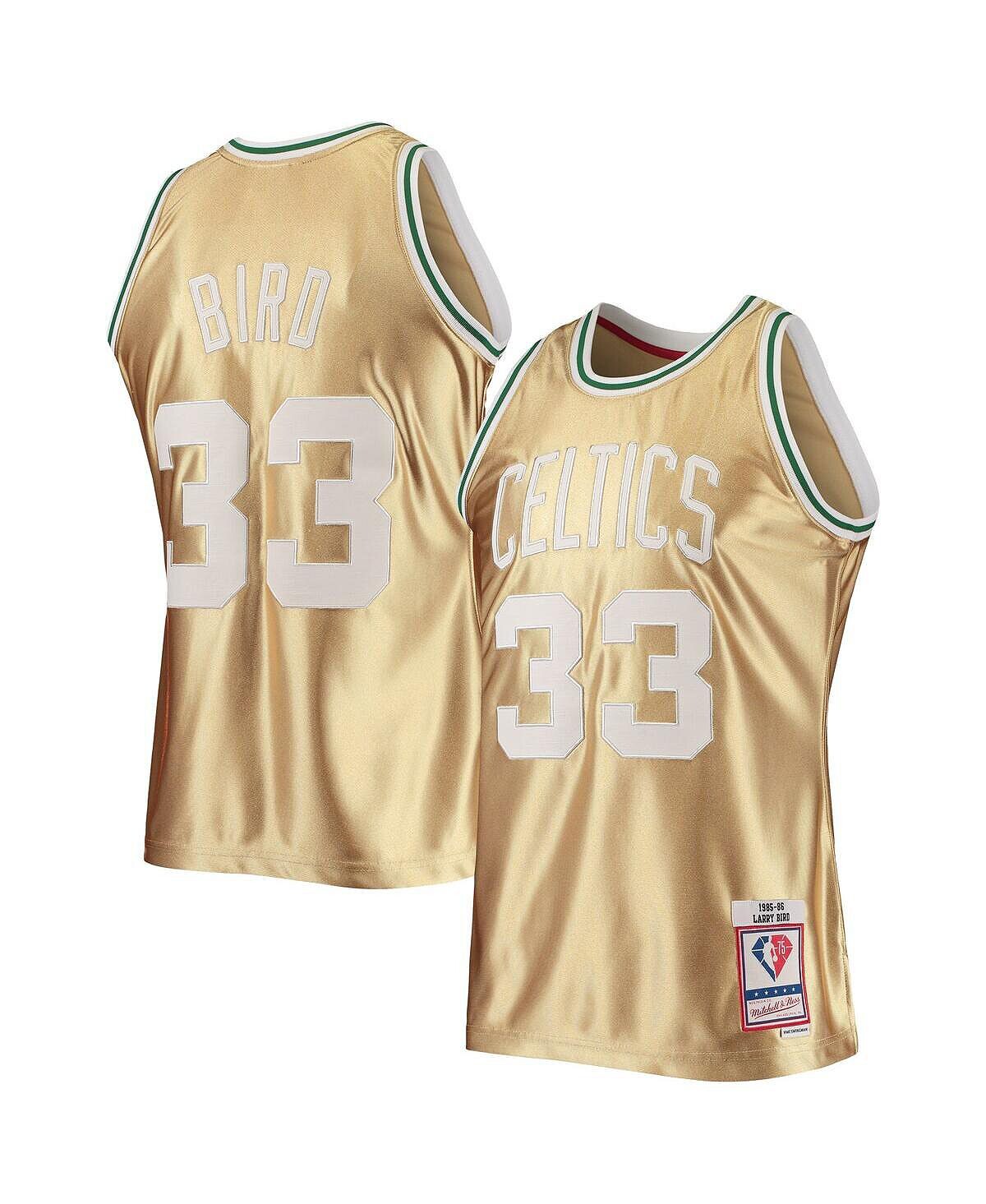

Мужская футболка larry bird gold boston celtics 75th anniversary 1985-86 hardwood classics swingman jersey Mitchell & Ness