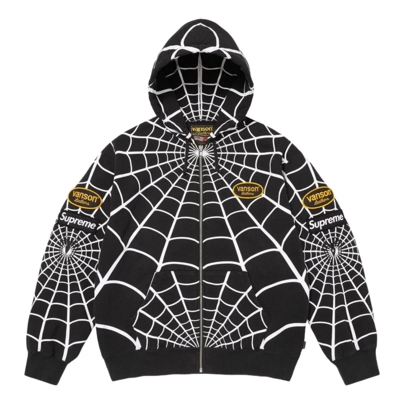 Мужское худи с капюшоном кожаный с принтом Supreme x Vanson Leathers SS26 Spider-Man Zip Up Hooded Sweatshirt, черный