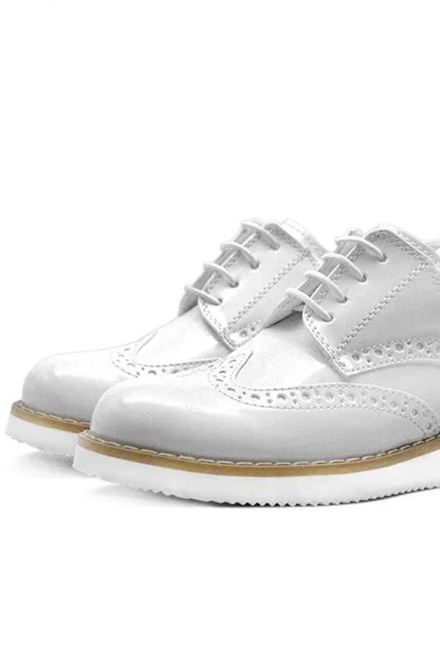 Детские туфли для мальчиков с коротким каблуком Hidra white patent leather lace-up boys' shoes Rakerplus, White — фото 4