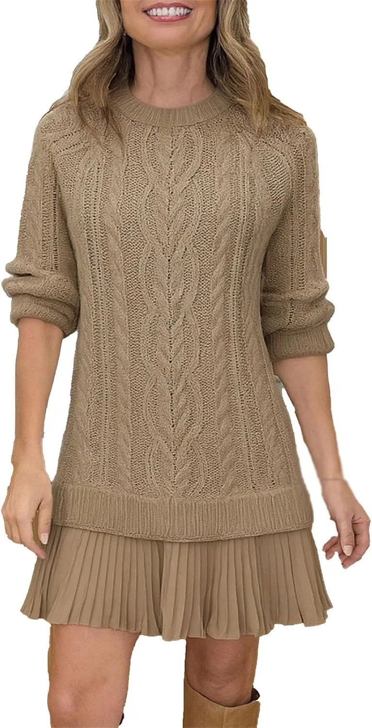 Женское вязаное платье-свитер с кабельным узором, Light Brown