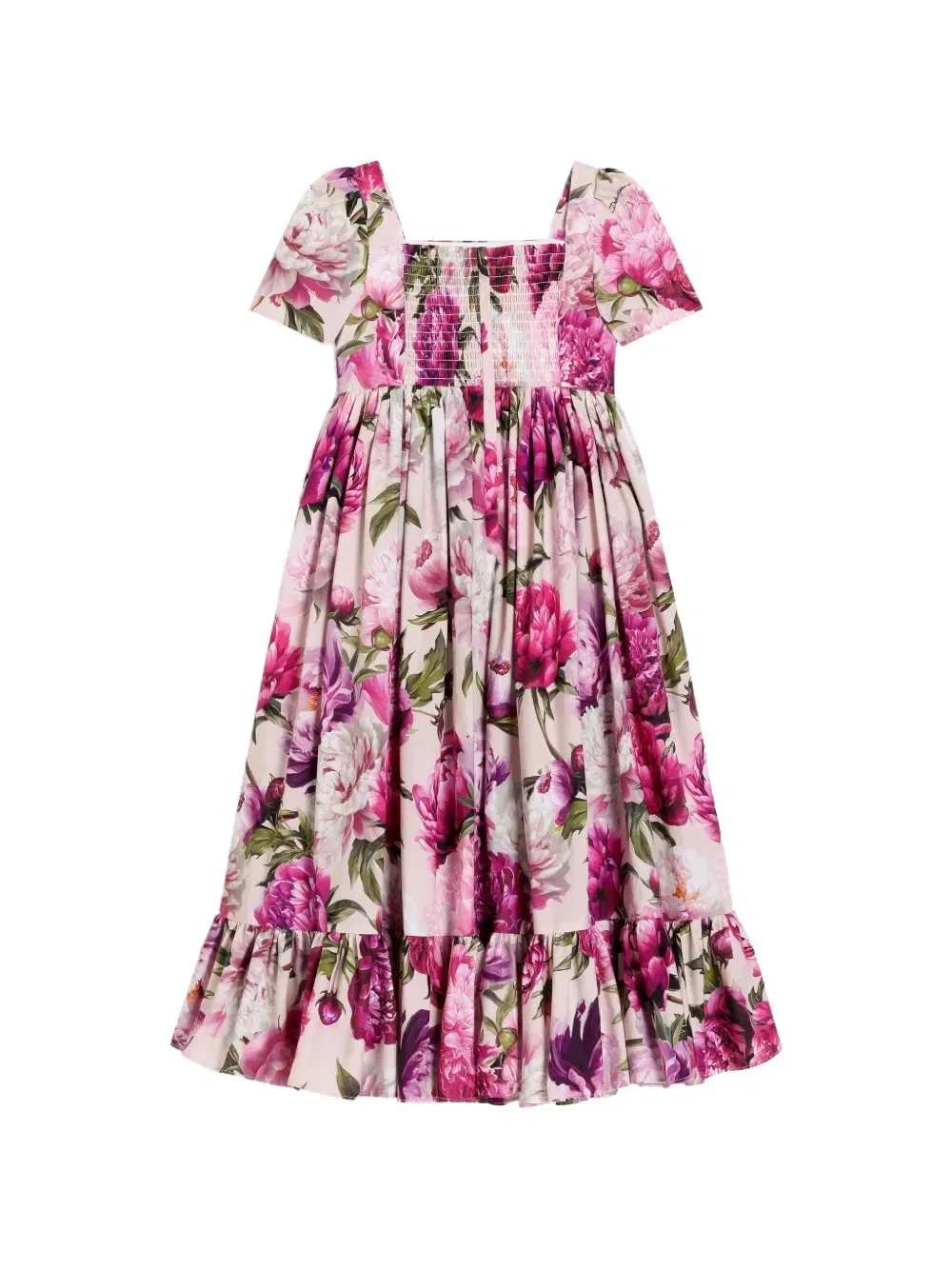 Поплиновое платье с принтом пионов Dolce & Gabbana Kids, бежевый — фото 2