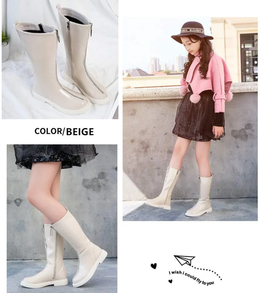 Детские сапоги для девочек с молнией Dayiss Fashion Girl's Waterproof Front Zipper Tall Riding Boots DAYISS, Beige — фото 2