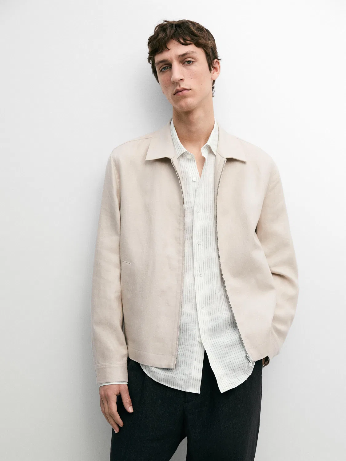 Бомбер из 100% льна, полностью имитирующий льняную ткань Massimo Dutti, бежевый — фото 2
