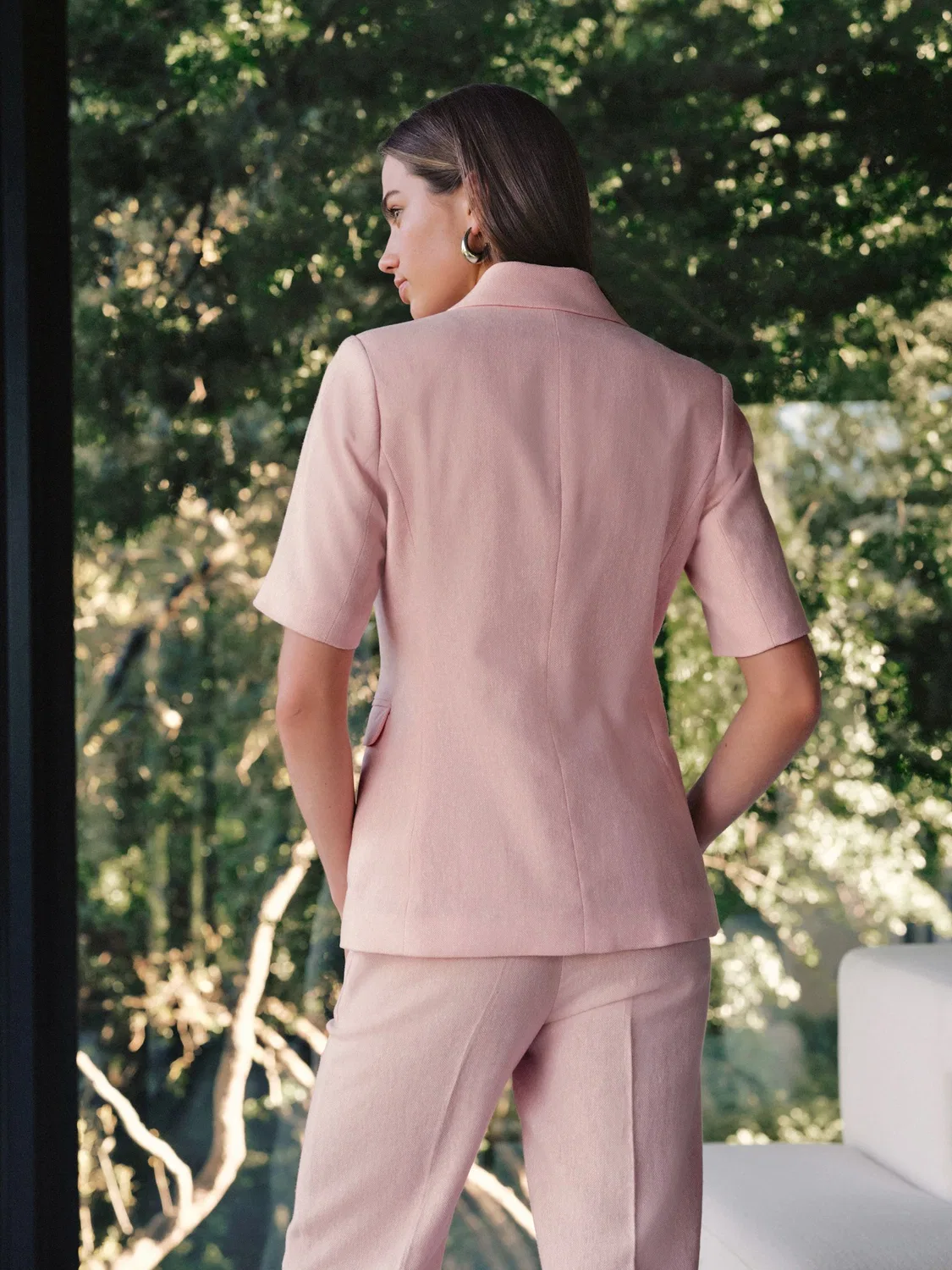 Блейзер из льняной смеси с узором "елочка", Pink Herringbone Linen Rich Short Sleeve Blazer Next, розовый — фото 3