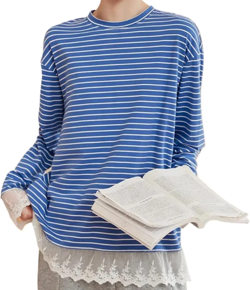 

Женская футболка с длинным рукавом в полоску и кружевом, контрастные цвета, свободный крой, для осени PDDSETorn
