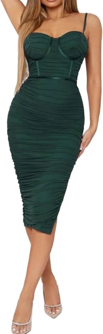 Женское миди-платье на бретельках с драпировкой, Dark Green