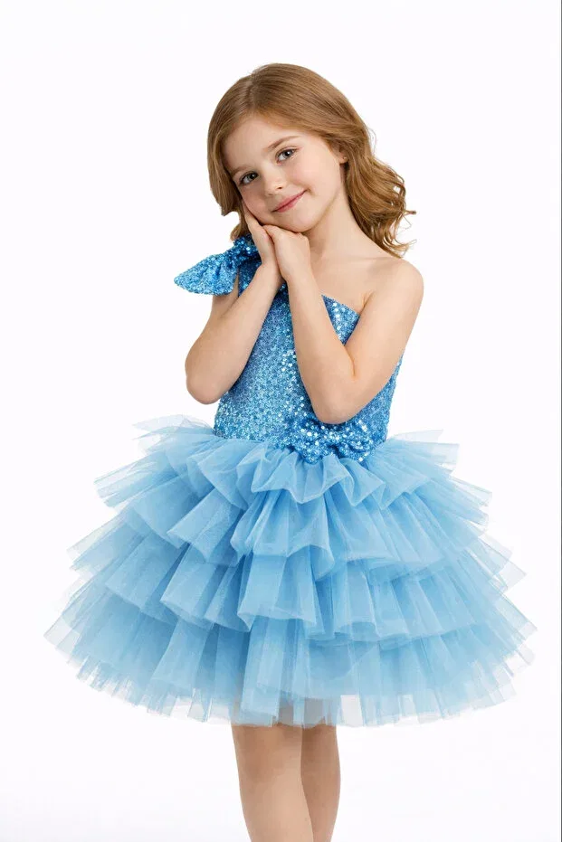 Детское платье для девочек с пайетками One-Shoulder Sequined Bow Tutu Evening Dress Babysmile, Light Blue — фото 4