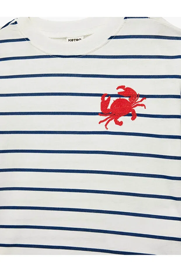 Детская футболка для девочек с принтом Cotton Crab Embroidery Detailed Koton, Ecru Striped — фото 3