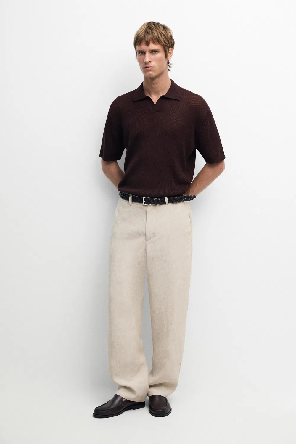 Поло Massimo Dutti Cotton-Blend V-Neck Knit, бордовый — фото 2